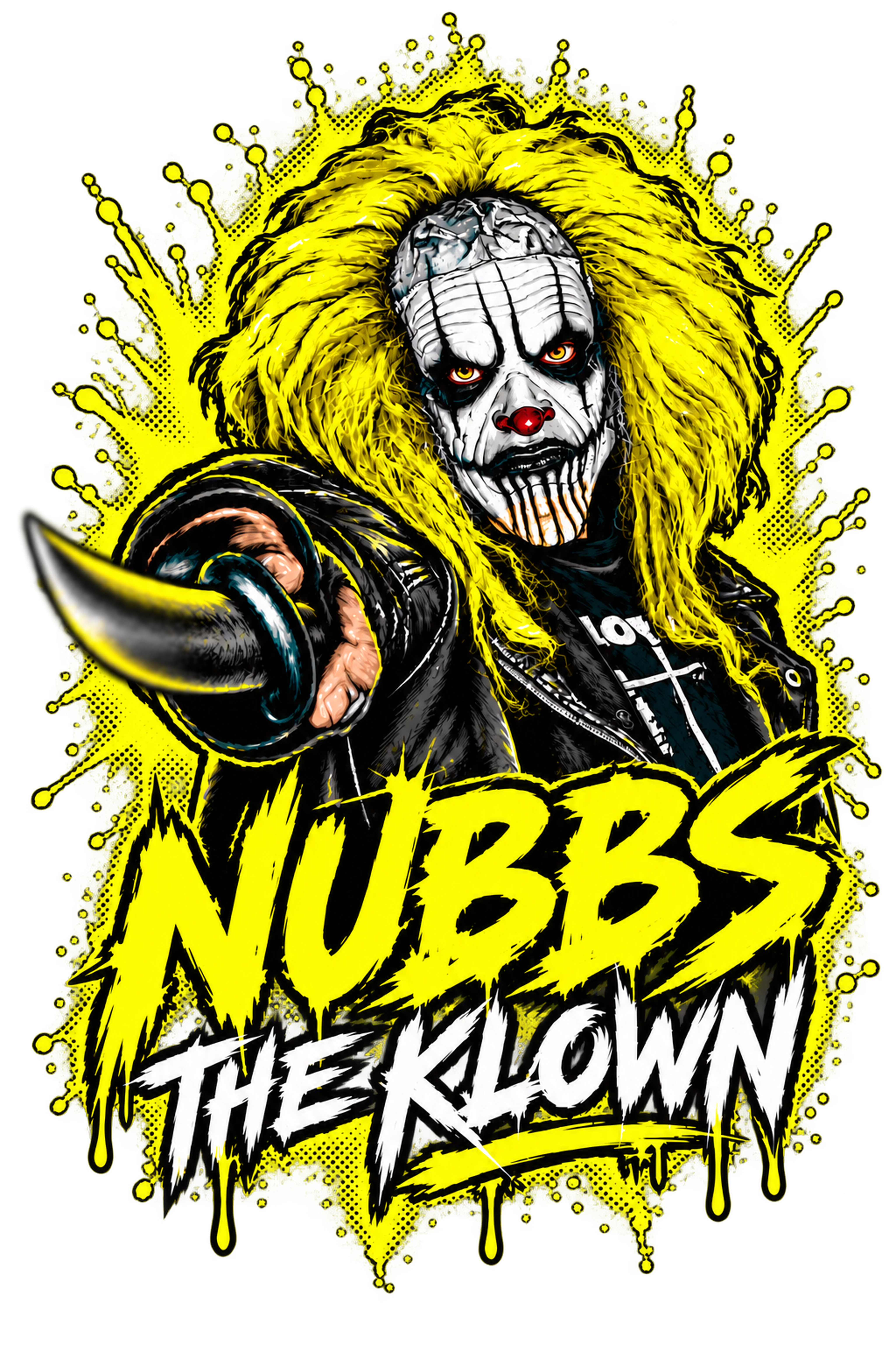 Nubbs the Klown artwork with yellow hair, clown makeup, and yellow and white lettering