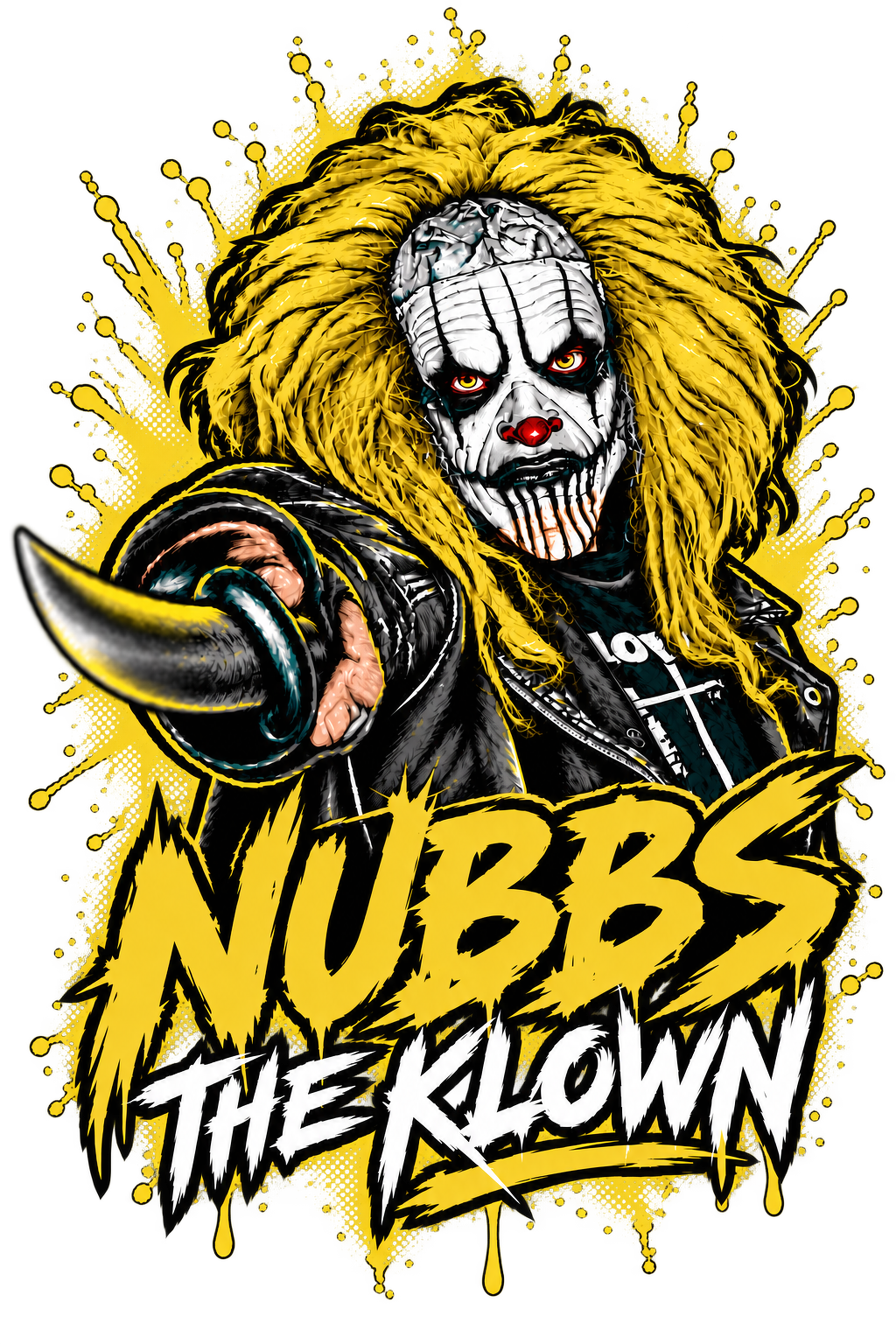 Nubbs the Klown with golden hair, splatter details, and gold and white lettering