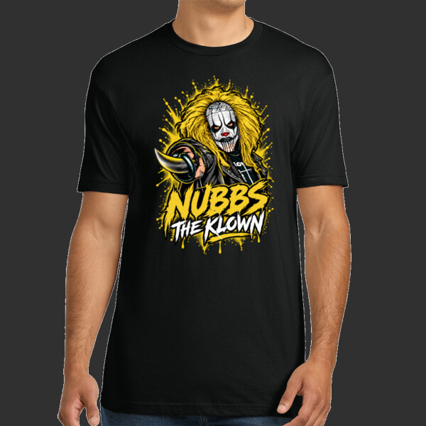 Nubbs the Klown golden splatter artwork on the front of a black tee